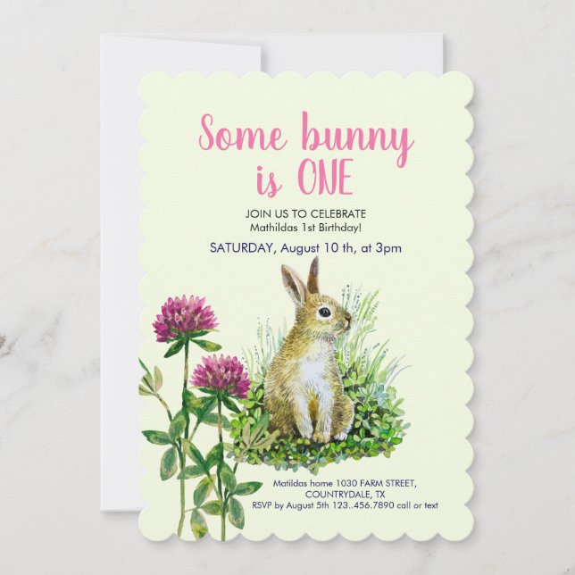 Some bunny is ONE, clovers Invitation (Front)