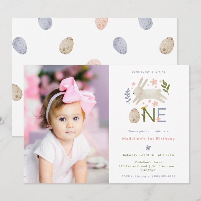 Some Bunny Is One Cute Girl 1st Birthday Photo Invitation (Front/Back)