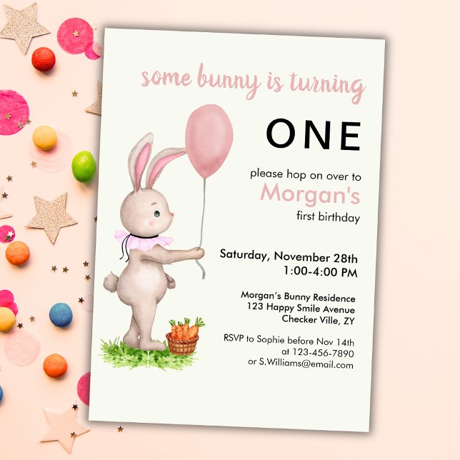 Some Bunny is One Cute Rabbit Balloon 1st Birthday Invitation (Creator Uploaded)