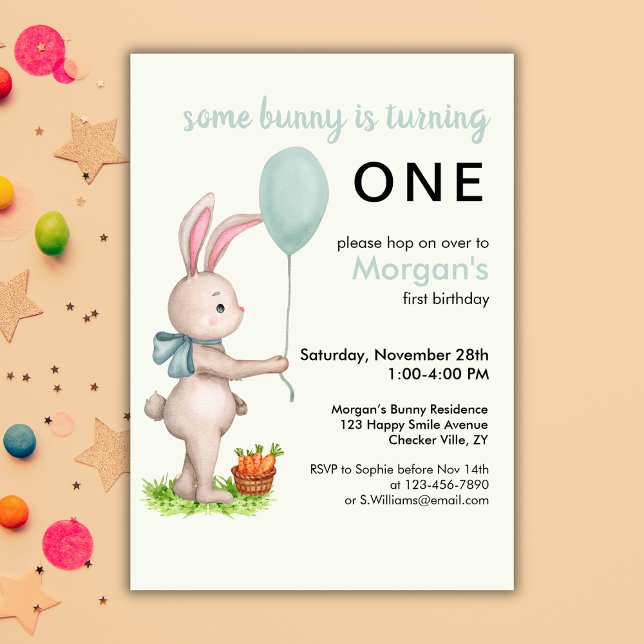 Some Bunny is One Cute Rabbit Balloon 1st Birthday Invitation (Creator Uploaded)
