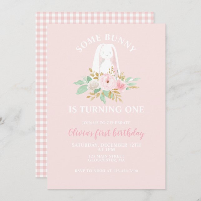 Some Bunny is One Floral First Birthday Invitation (Front/Back)