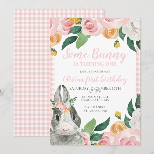 Some Bunny is One Floral First Birthday Invitation (Front/Back)