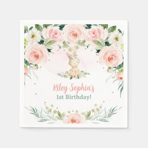 Some Bunny is One Floral Pink Roses Rabbit Party Napkin