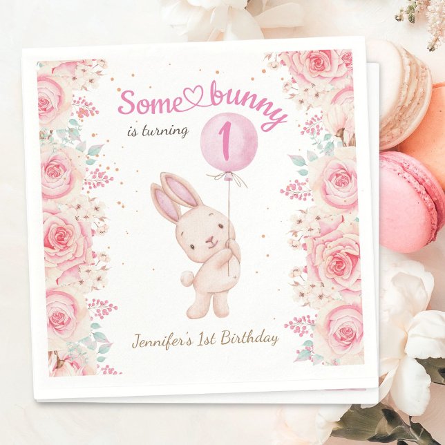 Some Bunny is ONE! Girl Pink 1st Birthday Napkin (Creator Uploaded)