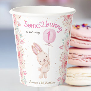 Some Bunny is ONE! Girl Pink 1st Birthday Paper Cups