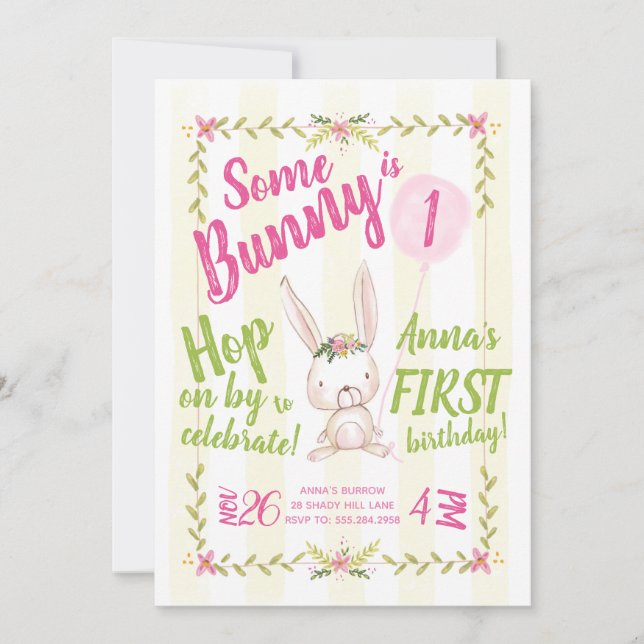 Some Bunny is One Girl's First Birthday Invitation (Front)