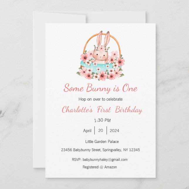 Some Bunny is One Invitation, Bunny One Party, 1st Invitation (Front)