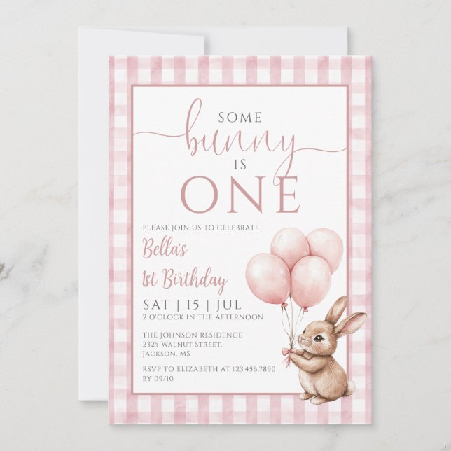Some Bunny Is One Pink Balloons 1st Birthday Party Invitation (Front)