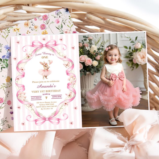 Some Bunny is One Pink Bow Gingham 1st Birthday Invitation (Creator Uploaded)