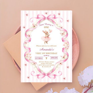 Some Bunny is One Pink Bow Gingham 1st Birthday Invitation