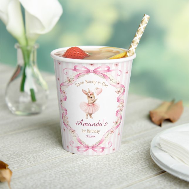 Some Bunny is One Pink Bow Gingham 1st Birthday Paper Cups (Insitu)