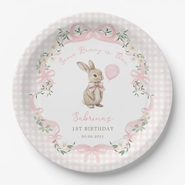 Some Bunny is One: Pink Bow Gingham 1st Birthday Paper Plate (Front)