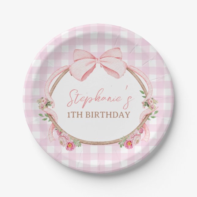 Some Bunny is One Pink Bow Rabbit First Birthday Paper Plate (Front)