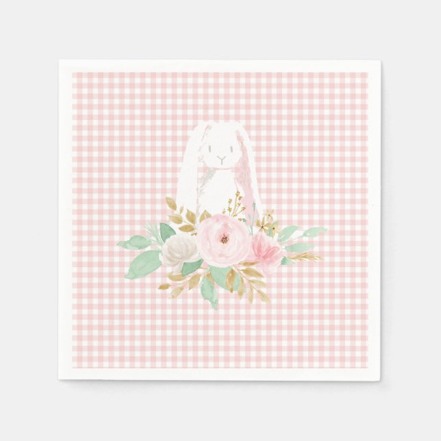 Some Bunny is One Pink Floral Gingham birthday Napkin (Front)