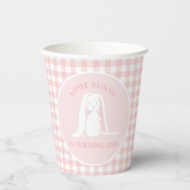 Some Bunny is One Pink Gingham Birthday Paper Cups (Front)