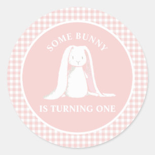 Some Bunny is One Pink Gingham Birthday Paper Plat Classic Round Sticker