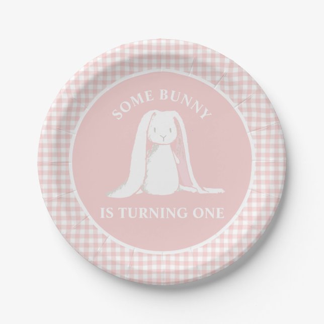 Some Bunny is One Pink Gingham Birthday Paper Plat Plate (Front)