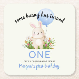 Some Bunny Is One Simple Cute Boys 1st Birthday Square Paper Coaster