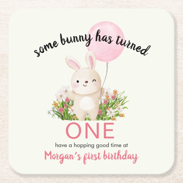 Some Bunny Is One Simple Cute Girls 1st Birthday  Square Paper Coaster (Front)