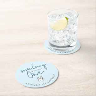 Some Bunny is turning One 1st Birthday Celebration Round Paper Coaster