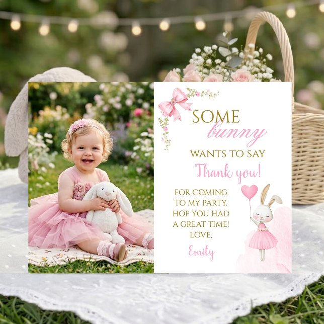 Some bunny is turning one, 1st Birthday Girl photo Thank You Card (Bunny 1st Birthday Thank You Photo Card. Some Bunny is Turning One custom photo keepsake.)