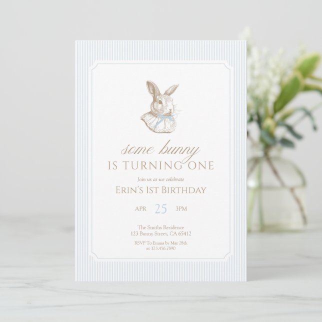 Some Bunny Is Turning One Blue Bow 1st birthday Invitation (Standing Front)