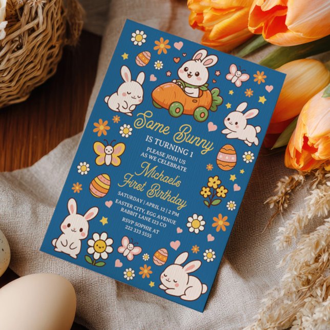 Some Bunny is Turning One Blue Easter Birthday Invitation (Creator Uploaded)