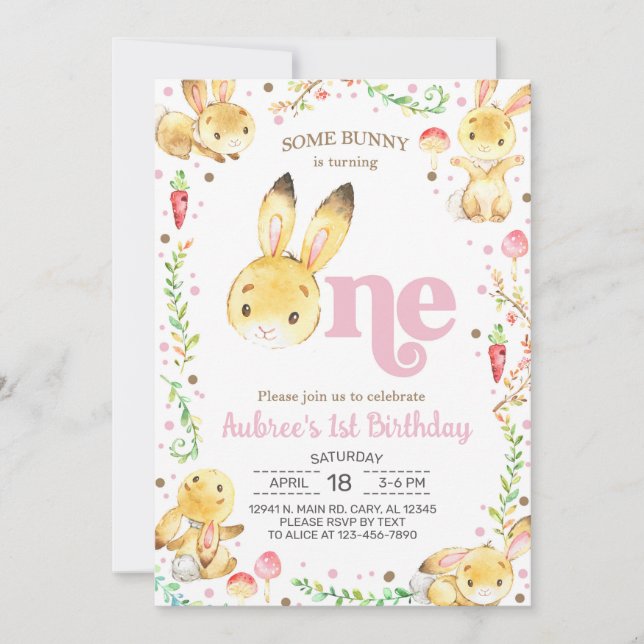 Some bunny is turning One, girl 1st birthday. Invitation (Front)