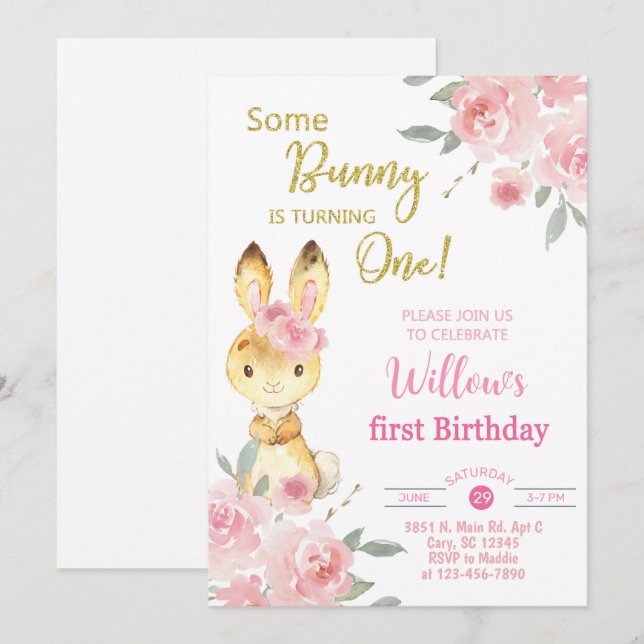 Some bunny is turning One girl birthday invitation (Front/Back)