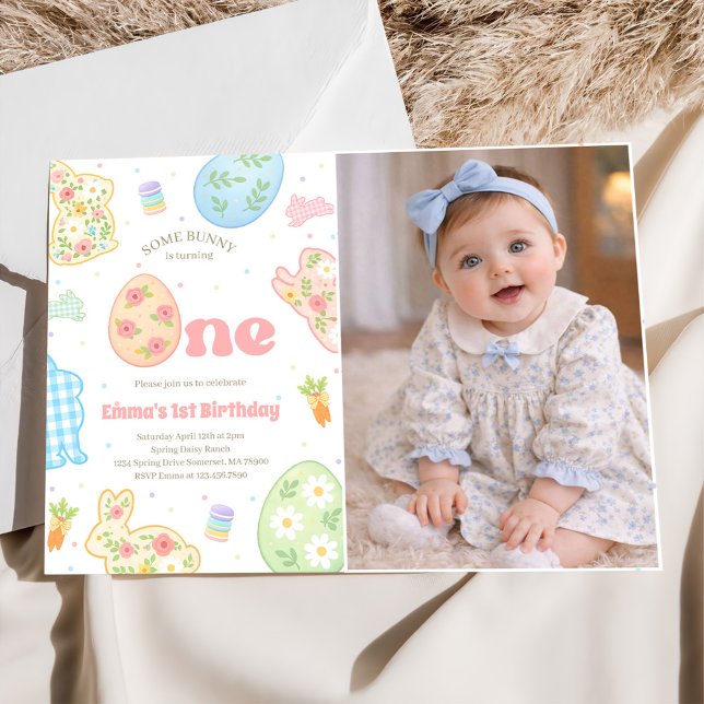 Some Bunny is Turning One Pastel Birthday Photo Invitation (Creator Uploaded)