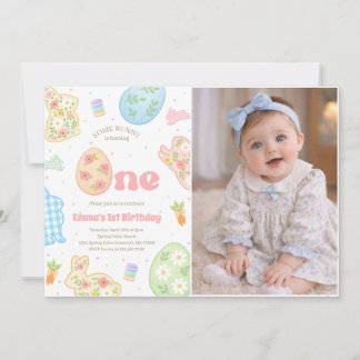 Some Bunny is Turning One Pastel Birthday Photo Invitation