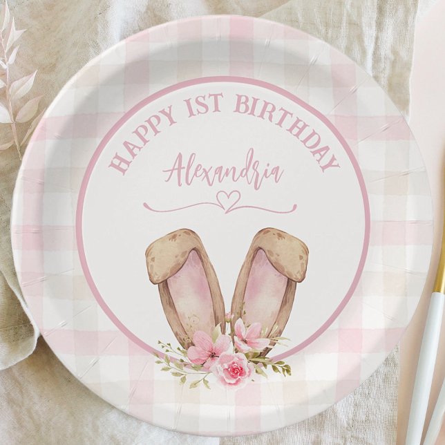 Some Bunny Is Turning One Pink Girl Paper Plate (Cute Bunny Florals 1st Girl Birthday Party Paper Plates. Easy to personalize Birthday girl's name.)