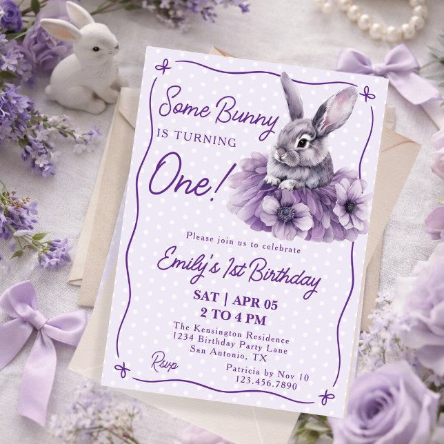 Some Bunny Is Turning One Purple Girl 1st Birthday Invitation (Creator Uploaded)