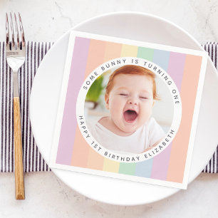 Some Bunny is Turning One Rainbow Birthday Photo Napkin