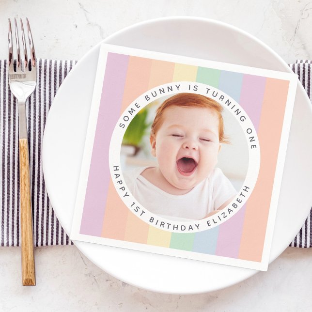 Some Bunny is Turning One Rainbow Birthday Photo Napkin (Creator Uploaded)