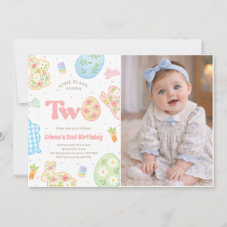 Some Bunny is Turning Two Pastel Birthday Photo Invitation