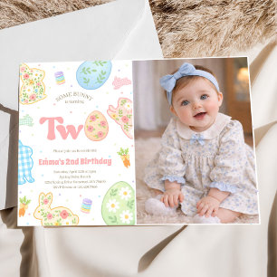 Some Bunny is Turning Two Pastel Birthday Photo Invitation