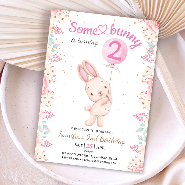 Some Bunny is Two! 2nd Birthday Girl Pink Balloon Invitation | Zazzle