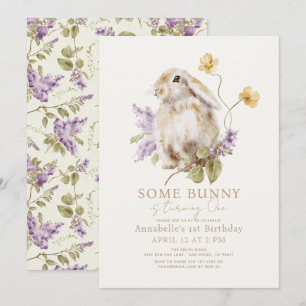 Some Bunny Lop Purple Lilac Floral 1st Birthday Invitation