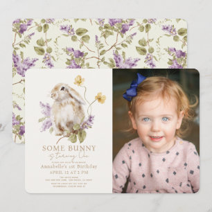 Some Bunny Lop Purple Lilac Photo 1st Birthday Invitation