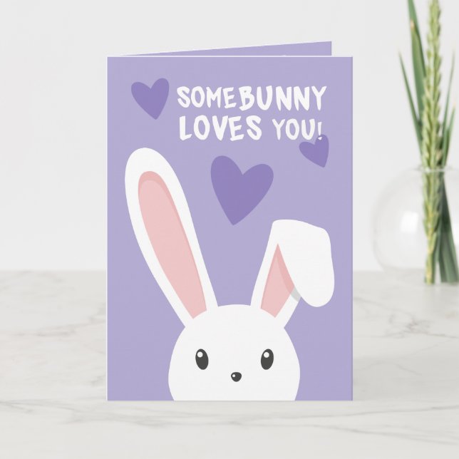 Some bunny loves you Cute hearts Purple Valentine Card (Front)