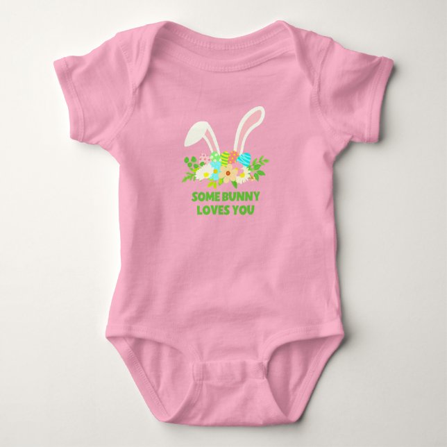 Some bunny loves you rabbit ears easter eggs baby bodysuit (Front)