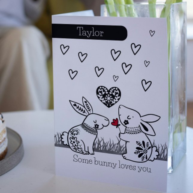 Some Bunny Loves You Rabbit Personalised Valentine Holiday Card (Some Bunny Loves You Rabbit Personalized Valentine Card by Ricaso. Two cute bunnies with flower)