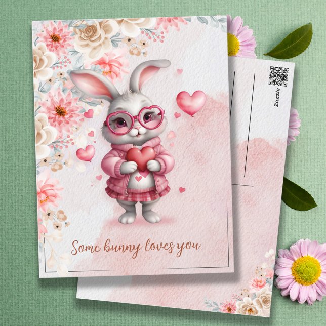 Some Bunny Loves You Romantic Pink Bunny & Hearts Postcard (Some Bunny Loves You Romantic Pink Bunny & Hearts Postcard)