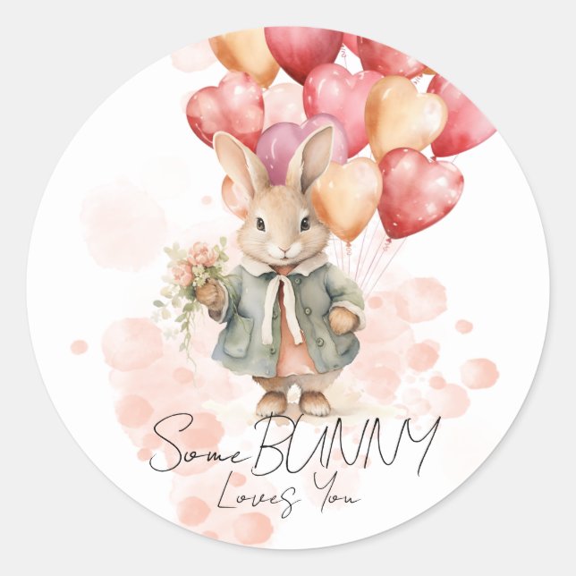 Some Bunny Loves You Valentines Girly Red Heart  Classic Round Sticker (Front)