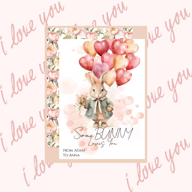 Some Bunny Loves You Valentines Red Heart Peony Holiday Card (Creator Uploaded)