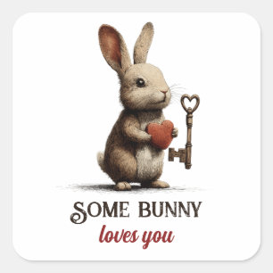 Some Bunny Loves You Vintage With Heart Key Square Sticker