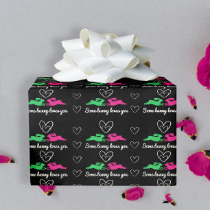 Some Bunny Modern Cute Black Pink Green Cartoon Wrapping Paper