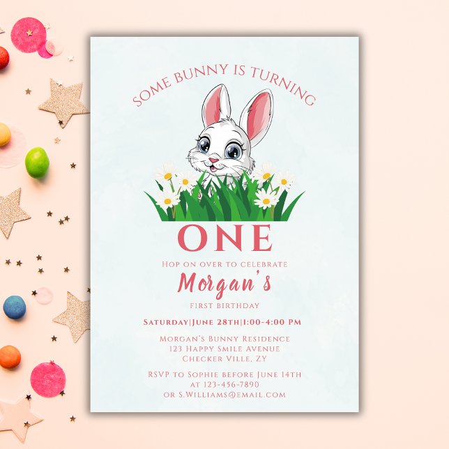 Some Bunny One Cute Rabbit Girls 1st Birthday Invitation (Creator Uploaded)