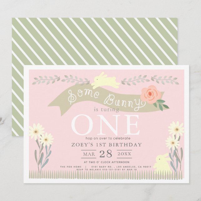 Some Bunny Pastel Pink GIrl 1st Birthday Invitation (Front/Back)